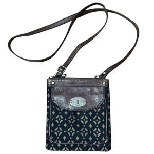 Fossil Maddox Purse Womens Crossbody Brown Leather Black Gold Textile Zip Bag